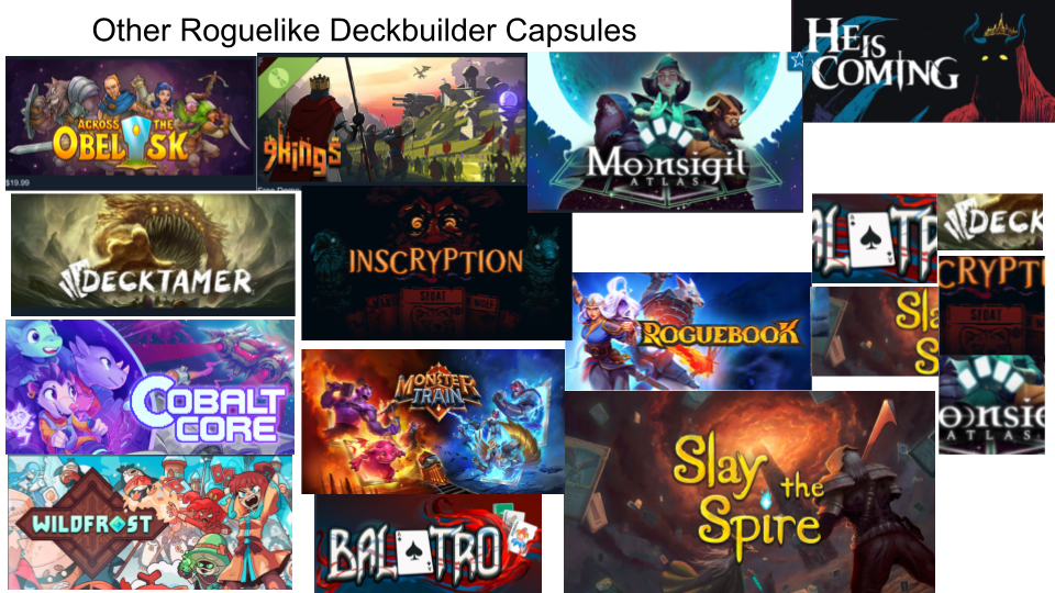 A grid of other roguelike deckbuilder game capsules surveyed as market research